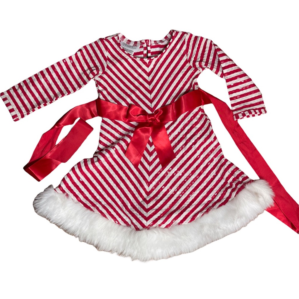 Candy cane design sequin faux fur hem party dress size 2Toddler by Bonni…